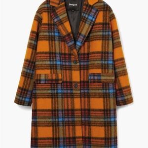 Desigual Vibrant Checkered Coat in Orange and Blue